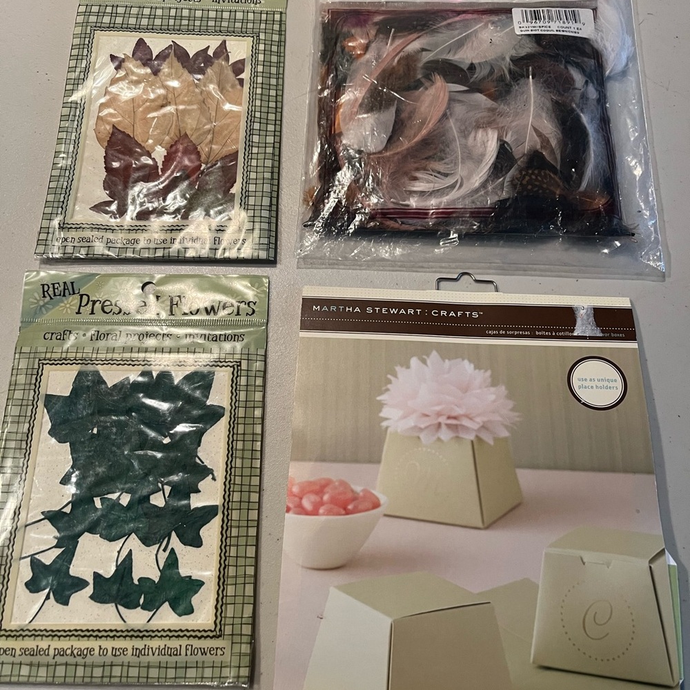 Crafting items. Feathers. Pressed flowers. Martha Stewart boxes  lot